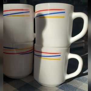 Arcopal France Mugs (Set Of 4) Red, Blue, and Yellow Stripe Accent